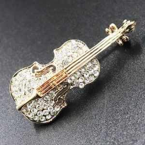 Lovely, Sparkling, Rose Gold Plated Alloy & Crystal Violin Brooch